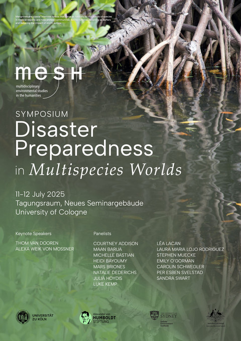 The event poster of 2025's MESH Symposium on Disaster Preparedness shows some further information and a tree and a body of water in the background.